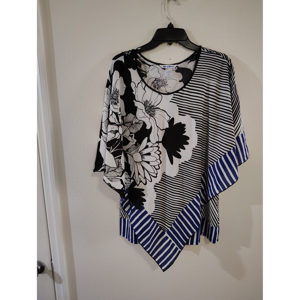 Nygard Womens Floral Stripe Poncho Top Black White Blue Handkerchief Hem LG